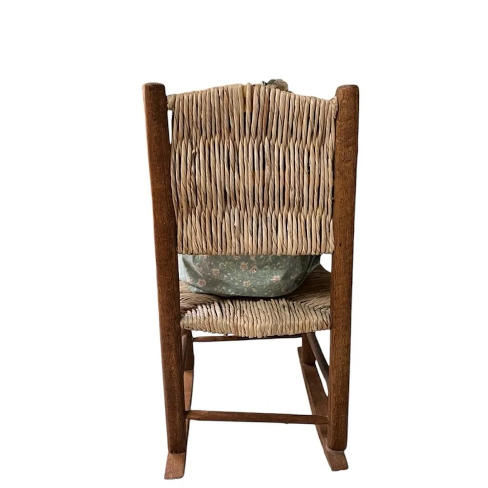 Stuffed Rag Doll with Wooden Wicker Rocking Chair